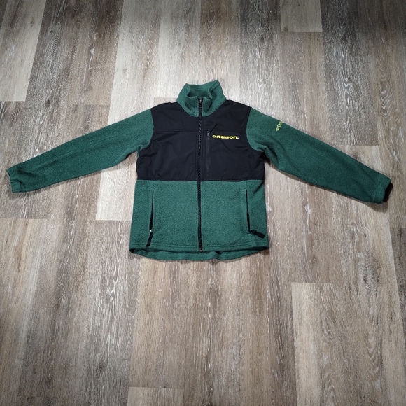 VTG Columbia 10/12 Youth 90s Oregon Ducks Football Fleece Jacket Green Full Zip - Picture 2 of 15